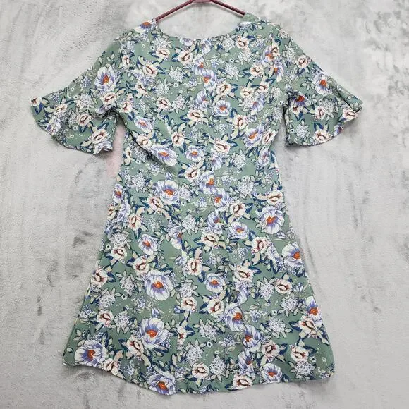 Francescas Blue Rain Dress Womens S Green Floral V-Neck Button Front Mini Lined - Picture 2 of 10